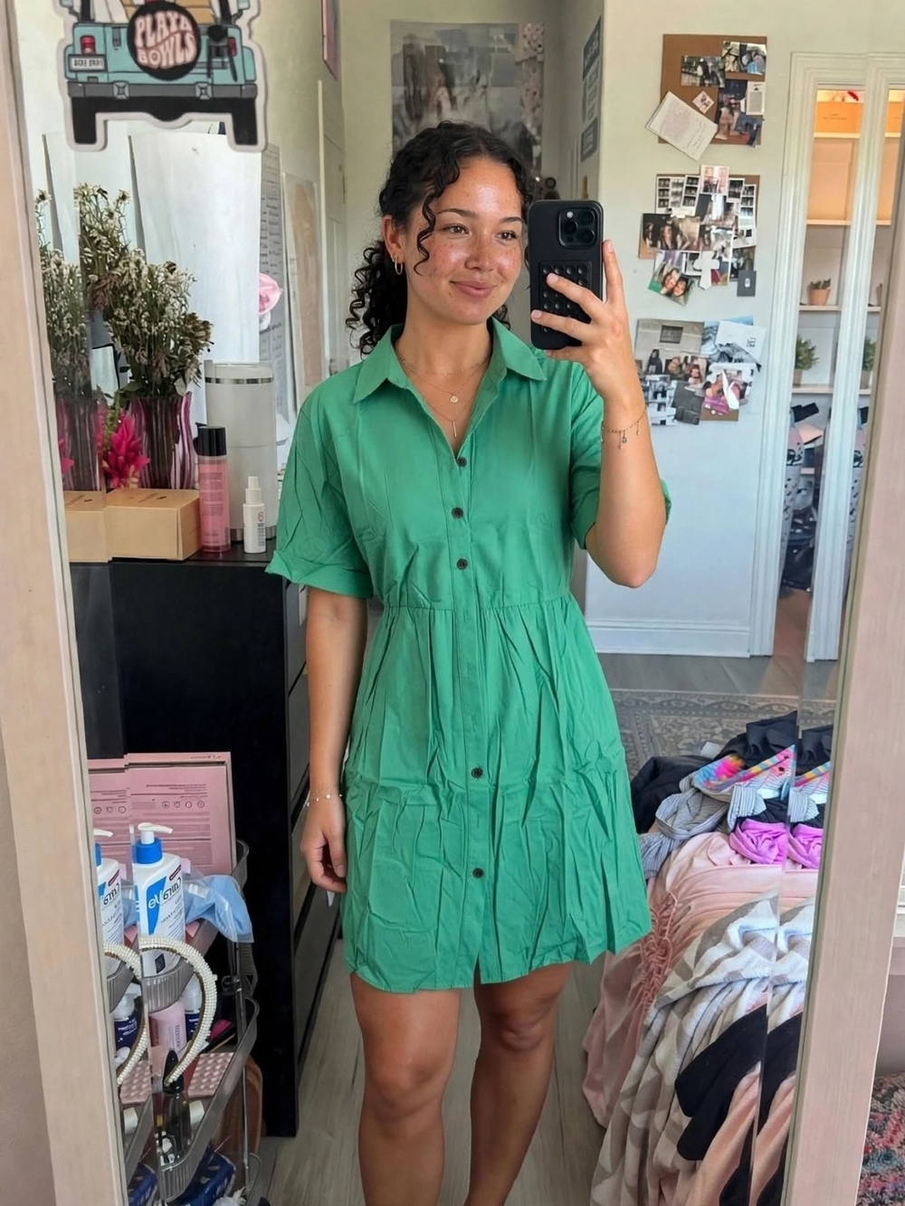 Green Button-Front Mini Shirt Dress